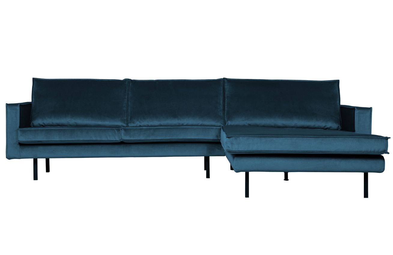 WOOOD Modrá sametová rohová pohovka Raden 300 cm, pravá