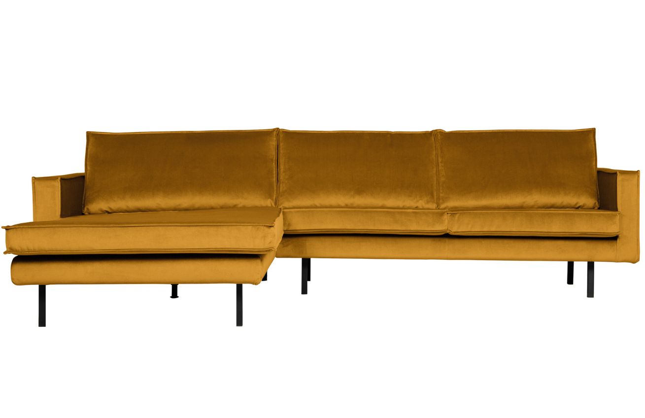 WOOOD Okrově žlut&aacute; sametov&aacute; rohov&aacute; pohovka Raden 300 cm, lev&aacute;