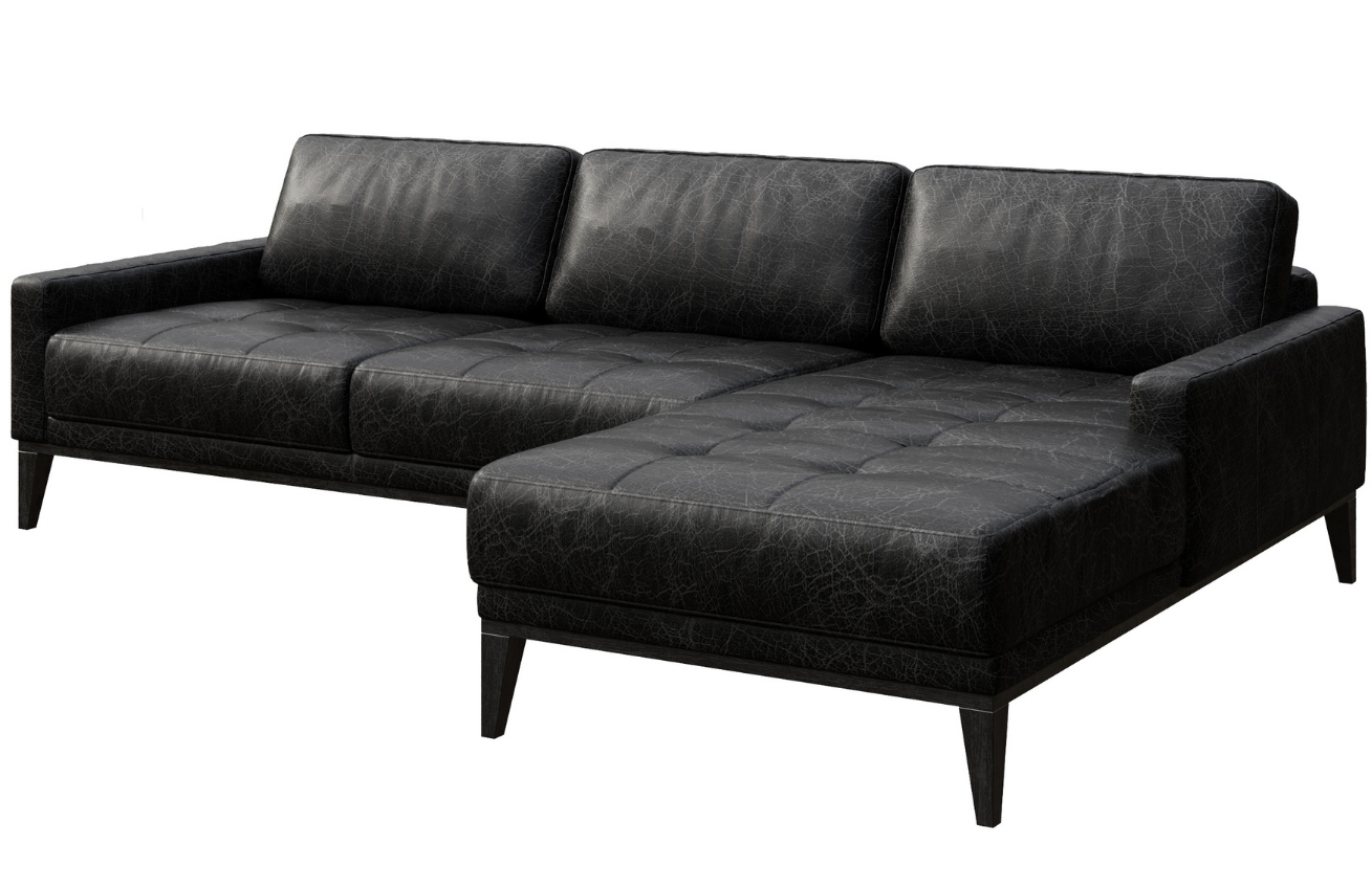 Černá vintage kožená rohová pohovka MESONICA Musso Tufted, pravá, 248 cm