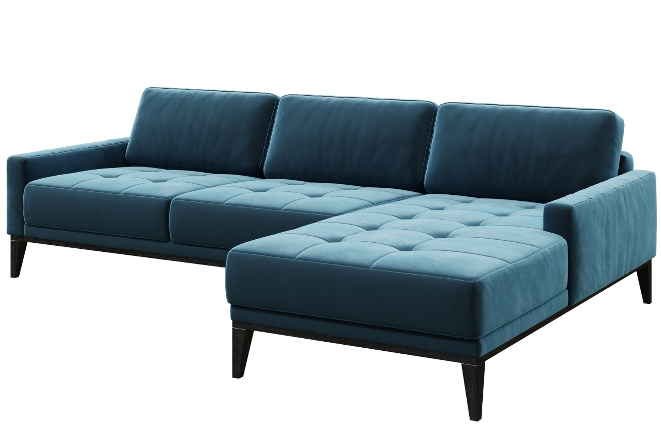 Modrá sametová rohová pohovka MESONICA Musso Tufted, pravá, 248 cm