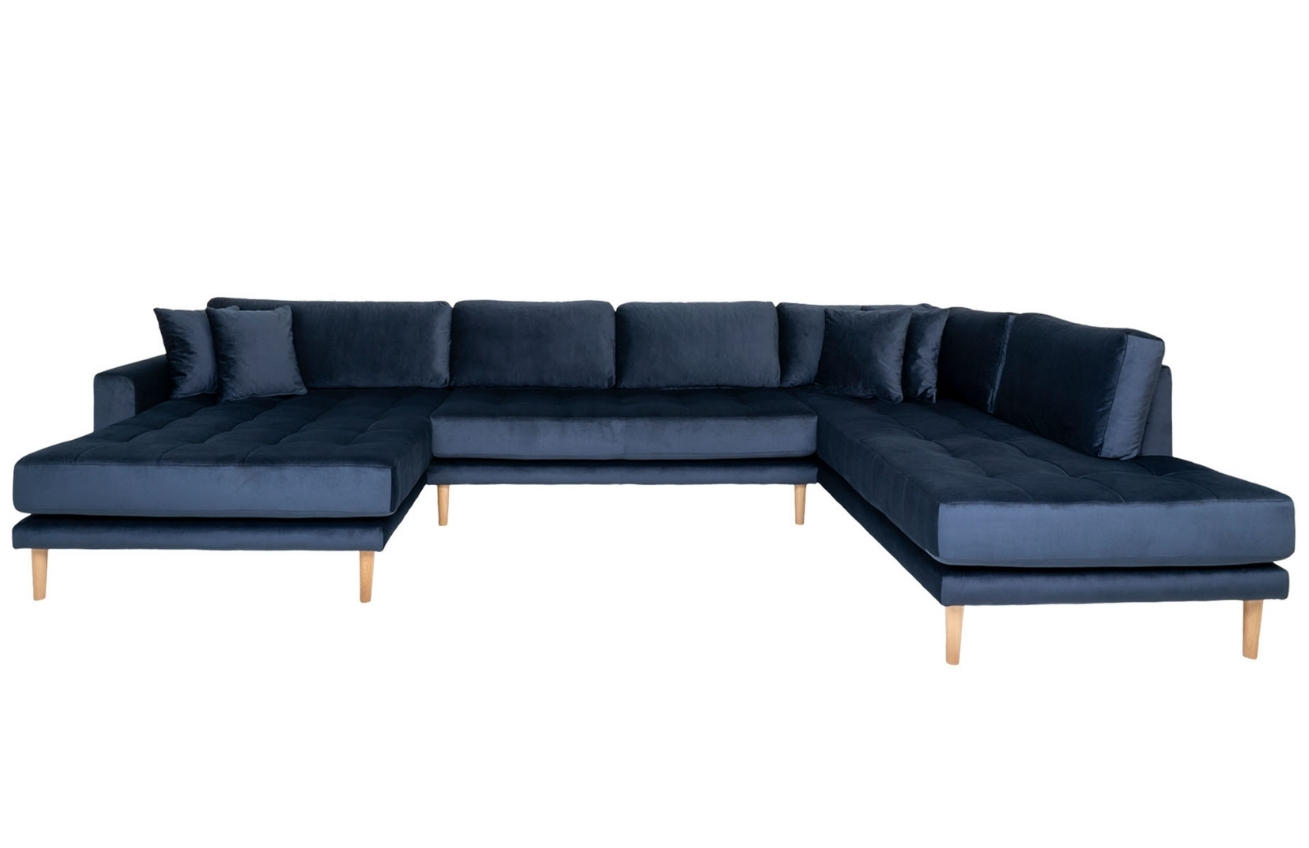 Nordic Living Modrá sametová rohová pohovka Limo 370 x 220 cm, pravá