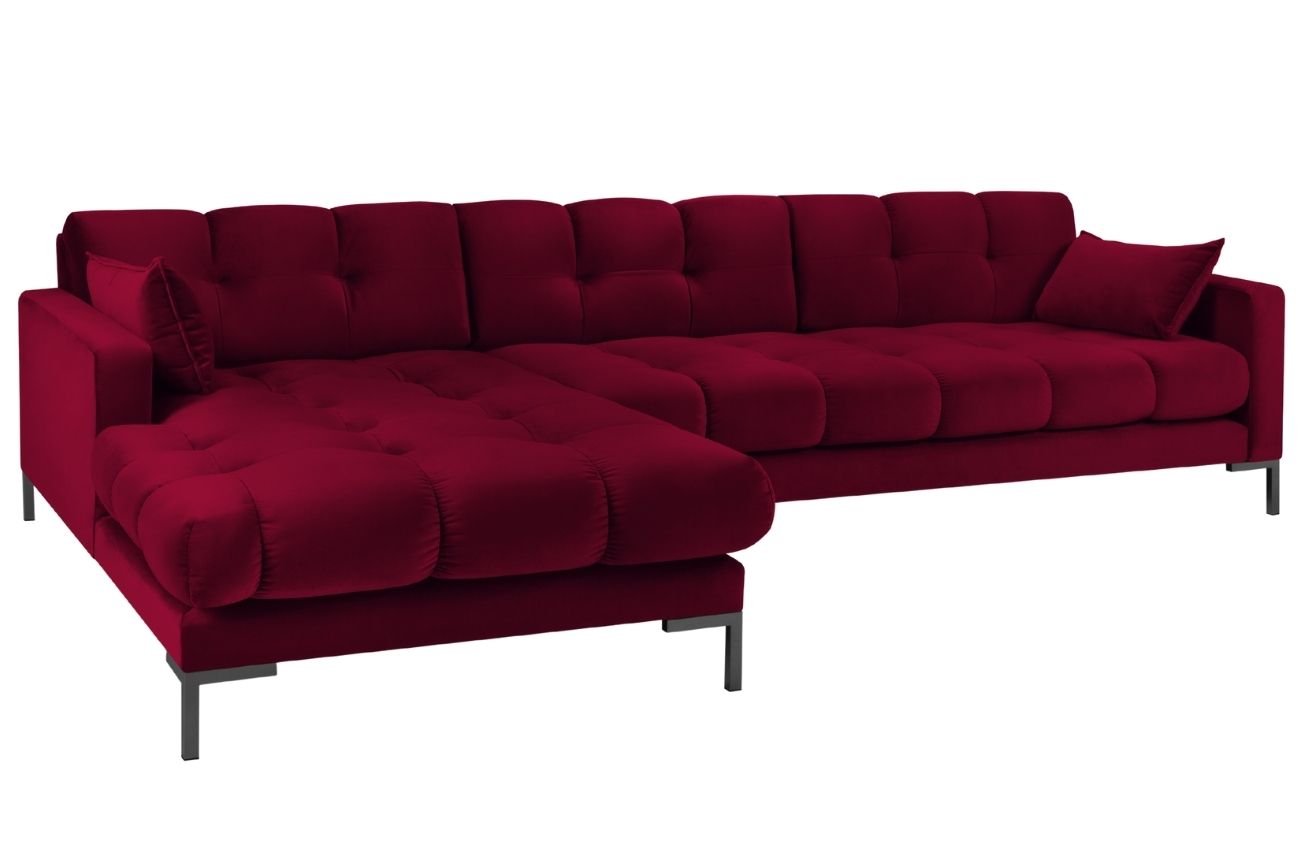 V&iacute;nově červen&aacute; sametov&aacute; rohov&aacute; pohovka MICADONI MAMAIA 293 cm, lev&aacute;