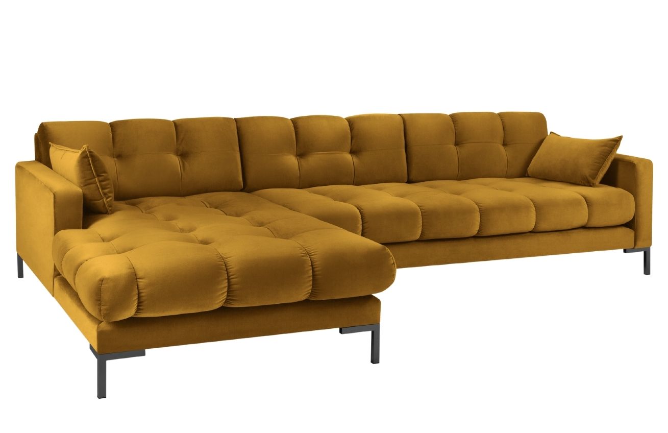 Žlutá sametová rohová pohovka MICADONI MAMAIA 293 cm, levá
