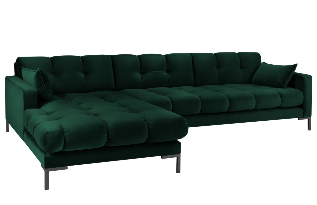 Tmavě zelená sametová rohová pohovka MICADONI MAMAIA 293 cm, levá