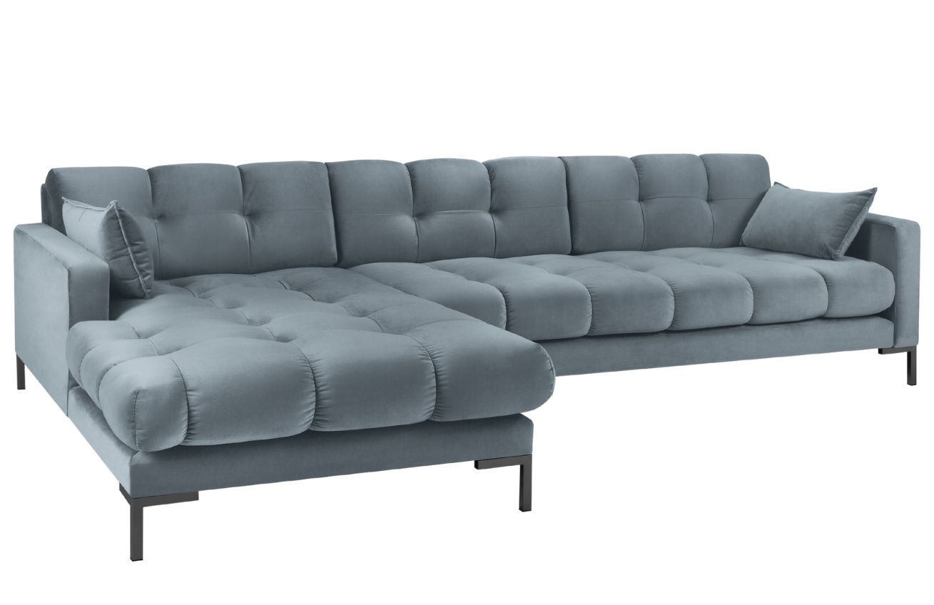 Světle modrá sametová rohová pohovka MICADONI MAMAIA 293 cm, levá