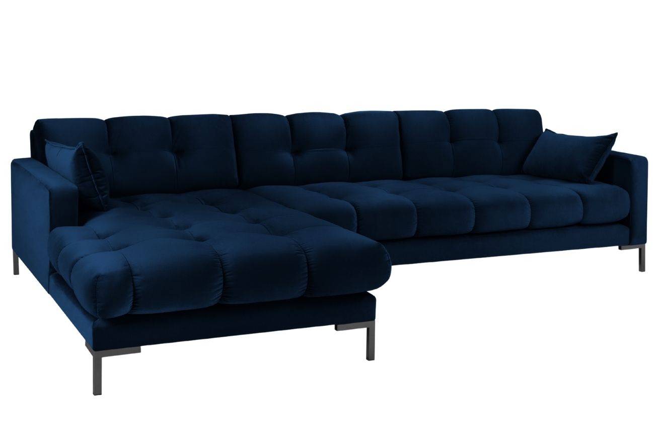 Královsky modrá sametová rohová pohovka MICADONI MAMAIA 293 cm, levá