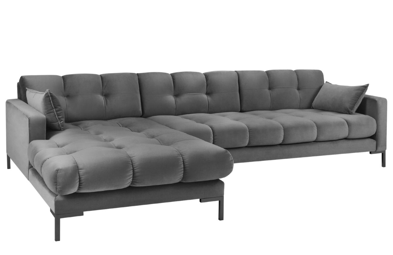 Šedá sametová rohová pohovka MICADONI MAMAIA 293 cm, levá