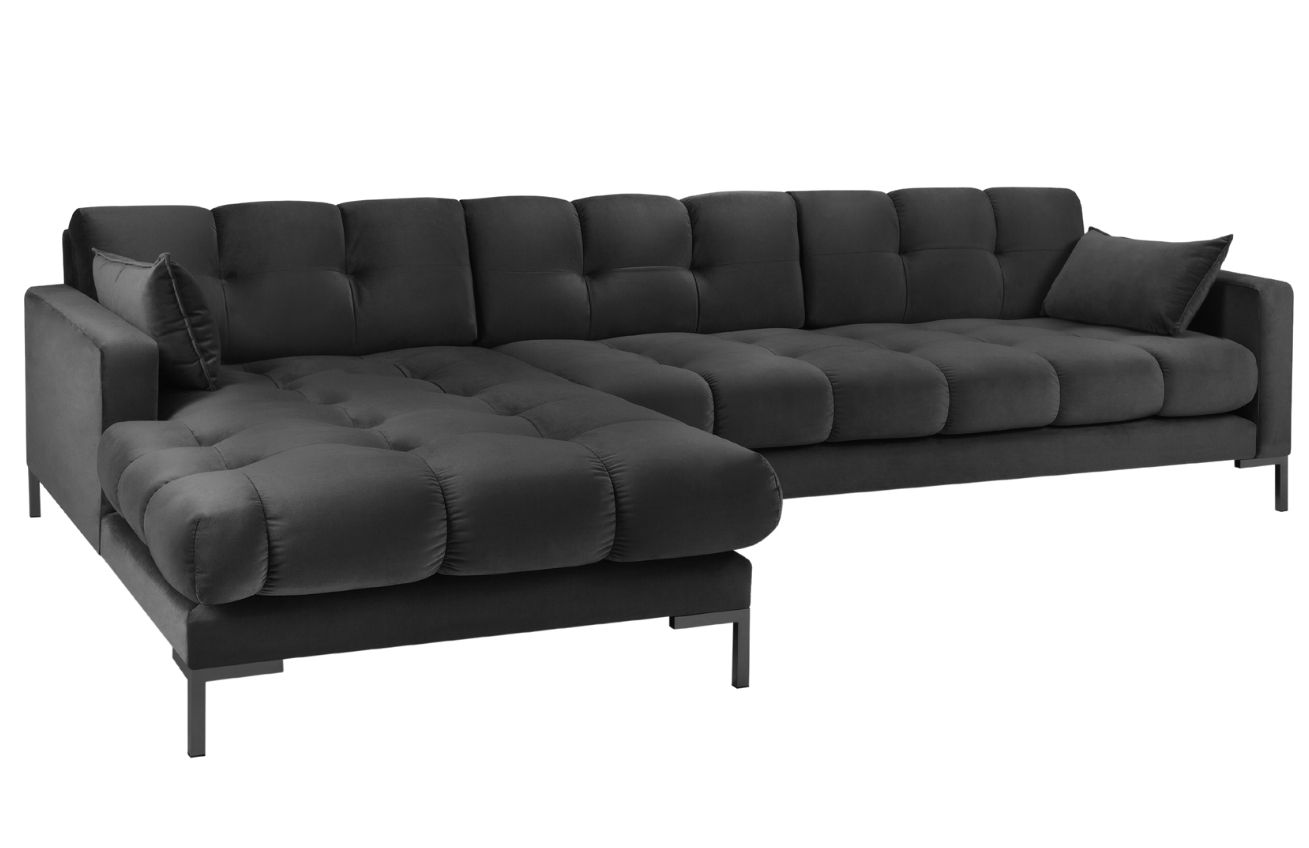 Tmavě šedá sametová rohová pohovka MICADONI MAMAIA 293 cm, levá
