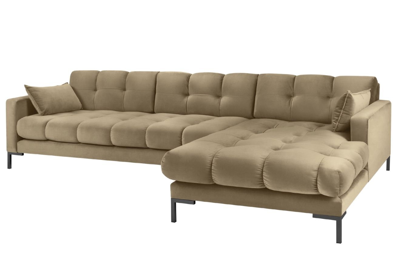 Béžová sametová rohová pohovka MICADONI MAMAIA 293 cm, pravá