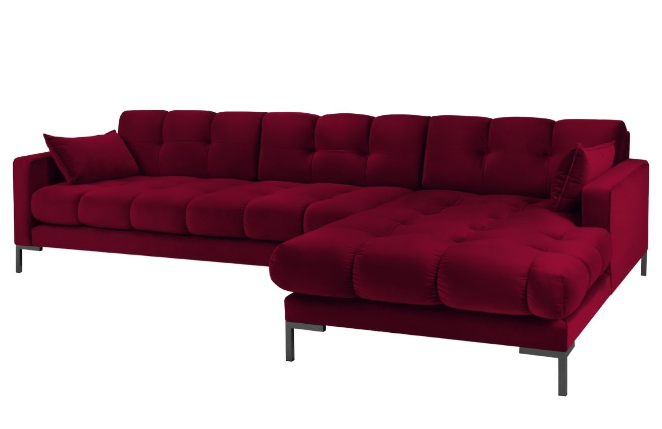 Vínově červená sametová rohová pohovka MICADONI MAMAIA 293 cm, pravá
