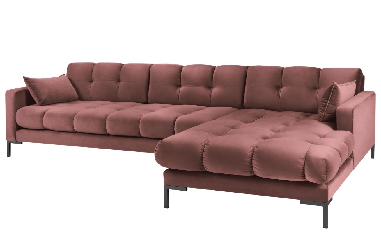 Růžová sametová rohová pohovka MICADONI MAMAIA 293 cm, pravá