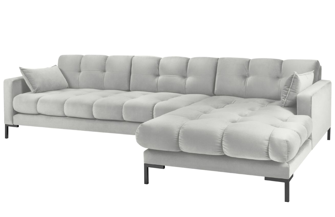 Světle šedá sametová rohová pohovka MICADONI MAMAIA 293 cm, pravá