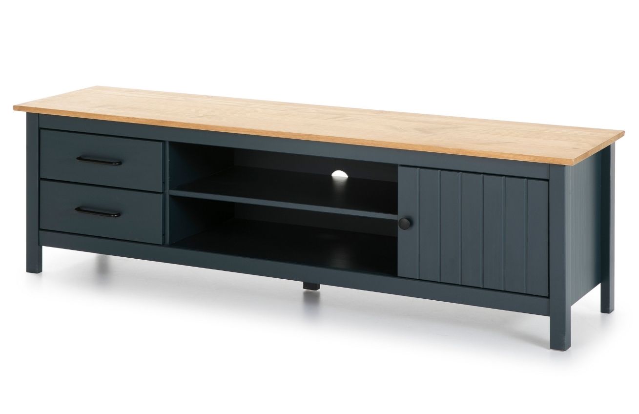 Modro šedý borovicový TV stolek Marckeric Miranda 158 x 40 cm