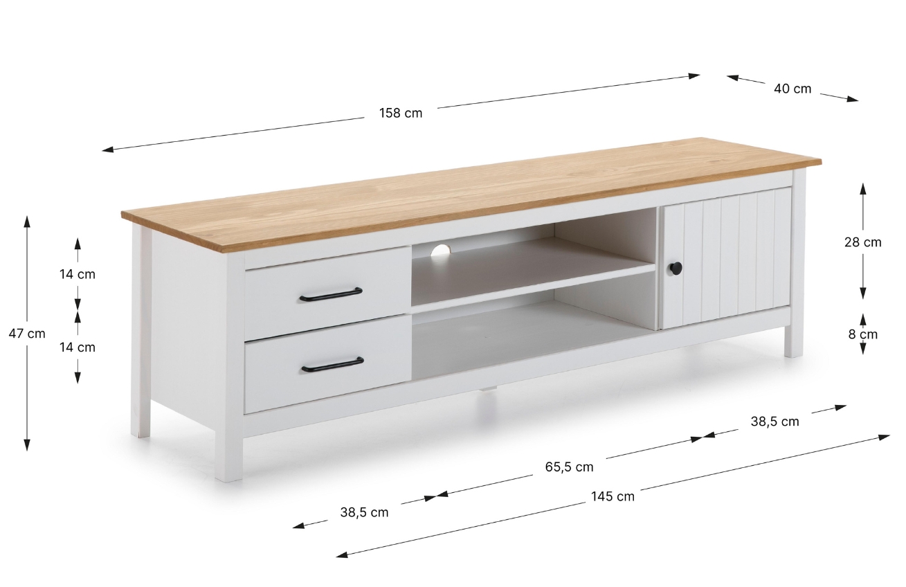 Bílý borovicový TV stolek Marckeric Miranda 158 x 40 cm