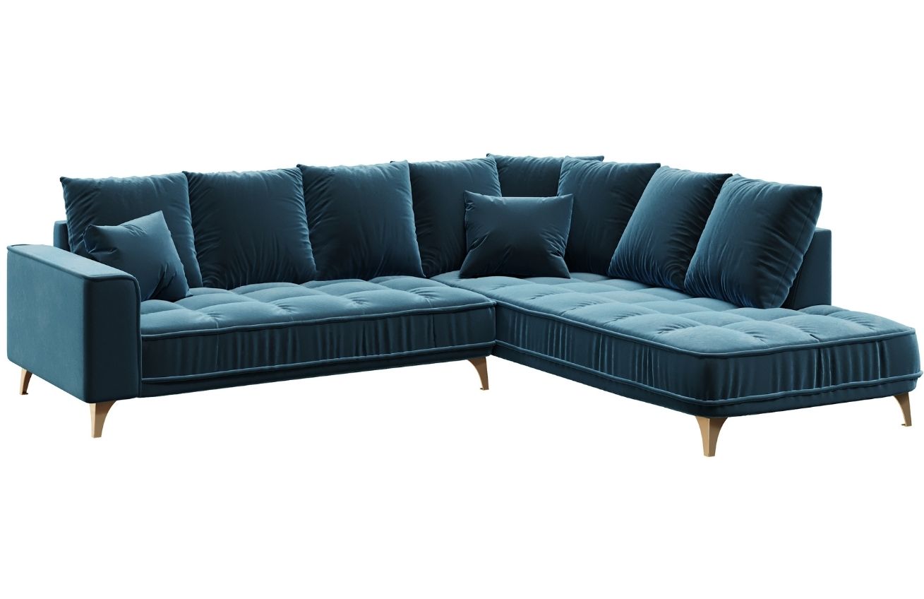 Tmavě modrá sametová rohová pohovka DEVICHY Chloe 288 cm, pravá