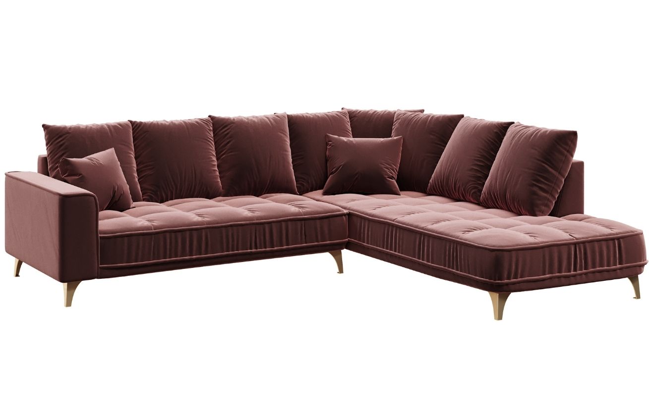 Růžová sametová rohová pohovka DEVICHY Chloe 288 cm, pravá
