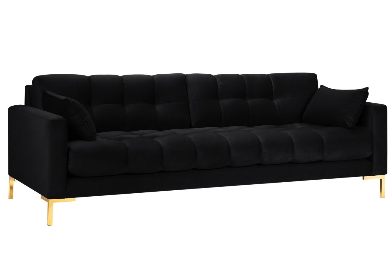 Čern&aacute; sametov&aacute; čtyřm&iacute;stn&aacute; pohovka MICADONI MAMAIA 217 cm se zlatou podnož&iacute;