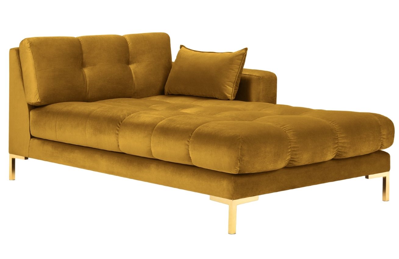 Žlut&aacute; sametov&aacute; leno&scaron;ka MICADONI MAMAIA 185 cm se zlatou podnož&iacute;, prav&aacute;