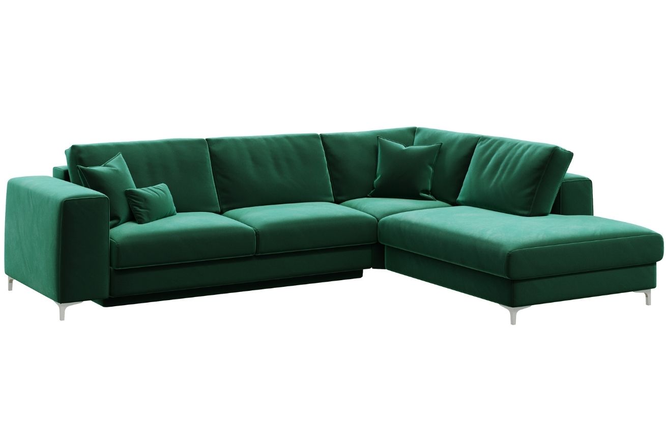 Tmavě zelená sametová rohová rozkládací pohovka DEVICHY Rothe, pravá 302 cm