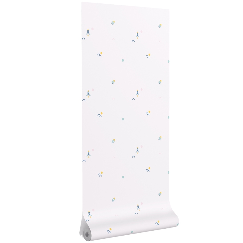 Bílá dětská tapeta na zeď Kave Home Julisa s motivem raket 10 x 0,5 m