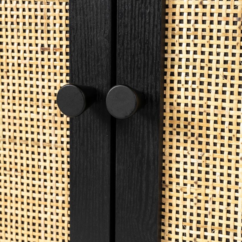 White Label Černý lakovaný TV stolek s ratanovou výplní WLL GUUJI 150 x 38 cm
