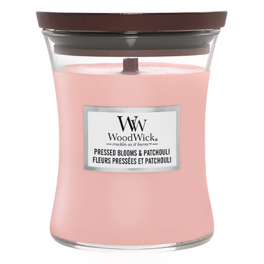 WoodWick Střední vonná svíčka Woodwick, Pressend Blooms & Patchouli