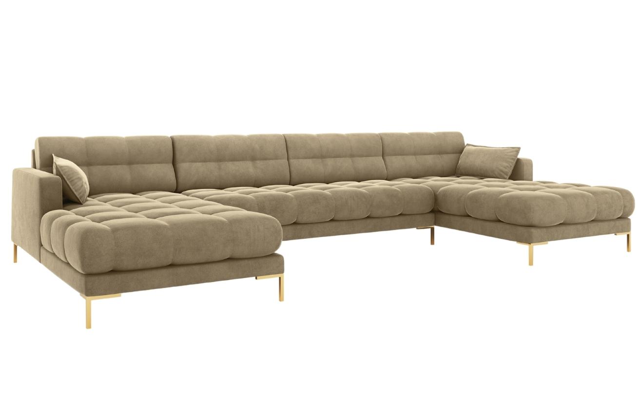 B&eacute;žov&aacute; sametov&aacute; &scaron;estim&iacute;stn&aacute; rohov&aacute; pohovka do "U" MICADONI MAMAIA 383 cm se zlatou podnož&iacute;