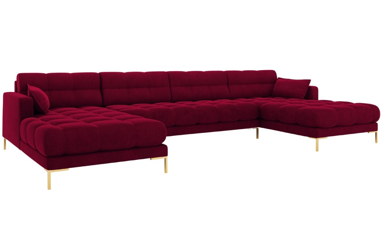 V&iacute;nově červen&aacute; sametov&aacute; &scaron;estim&iacute;stn&aacute; rohov&aacute; pohovka do "U" MICADONI MAMAIA 383 cm se zlatou podnož&iacute;