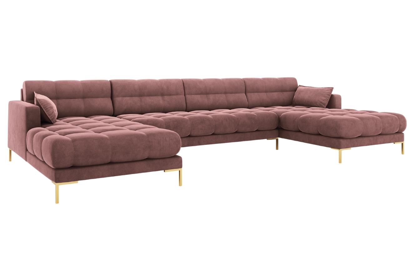 Růžov&aacute; sametov&aacute; &scaron;estim&iacute;stn&aacute; rohov&aacute; pohovka do "U" MICADONI MAMAIA 383 cm se zlatou podnož&iacute;