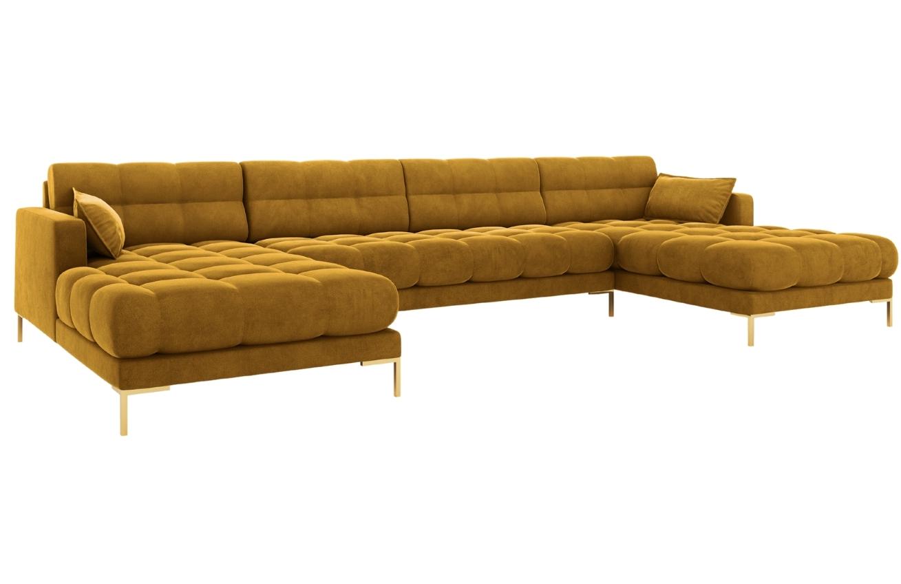 Žlut&aacute; sametov&aacute; &scaron;estim&iacute;stn&aacute; rohov&aacute; pohovka do "U" MICADONI MAMAIA 383 cm se zlatou podnož&iacute;