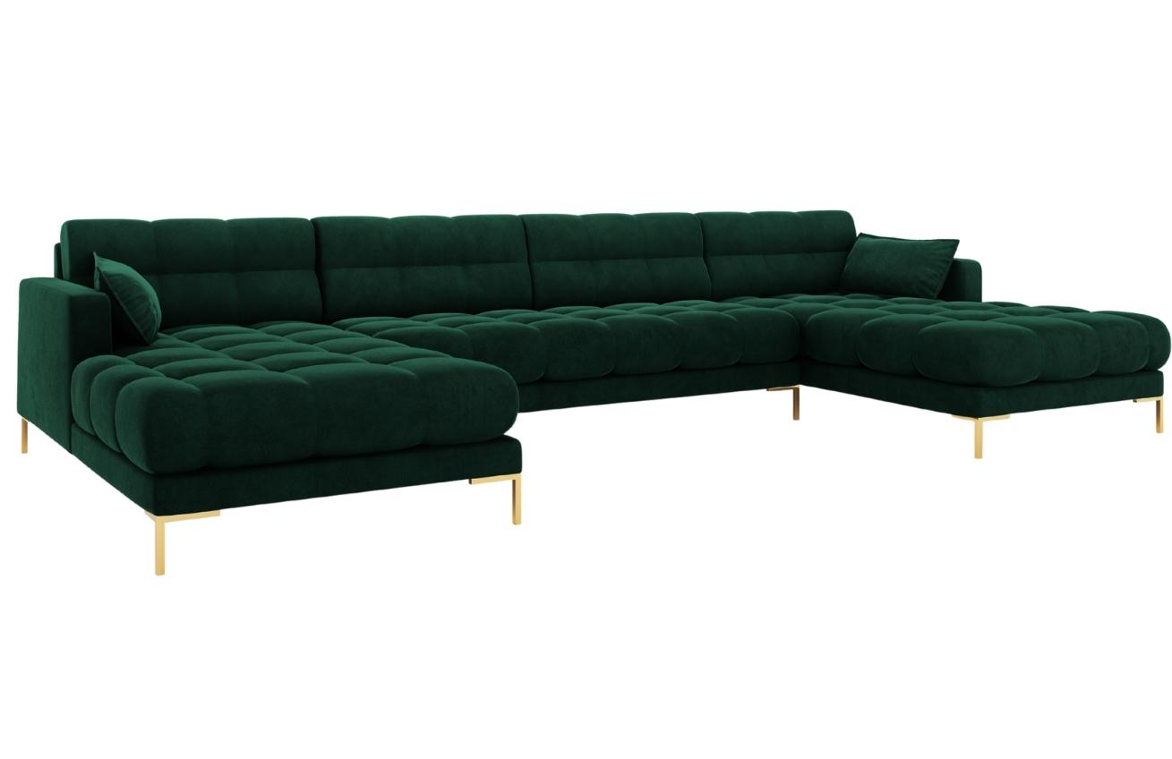 Tmavě zelen&aacute; sametov&aacute; &scaron;estim&iacute;stn&aacute; rohov&aacute; pohovka do "U" MICADONI MAMAIA 383 cm se zlatou podnož&iacute;