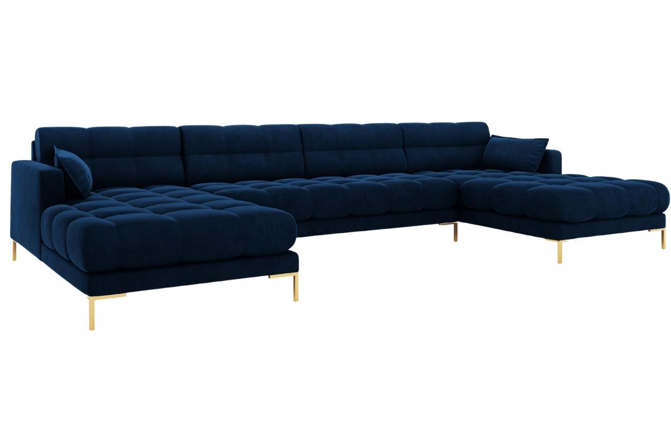 Kr&aacute;lovsky modr&aacute; sametov&aacute; &scaron;estim&iacute;stn&aacute; rohov&aacute; pohovka do "U" MICADONI MAMAIA 383 cm se zlatou podnož&iacute;