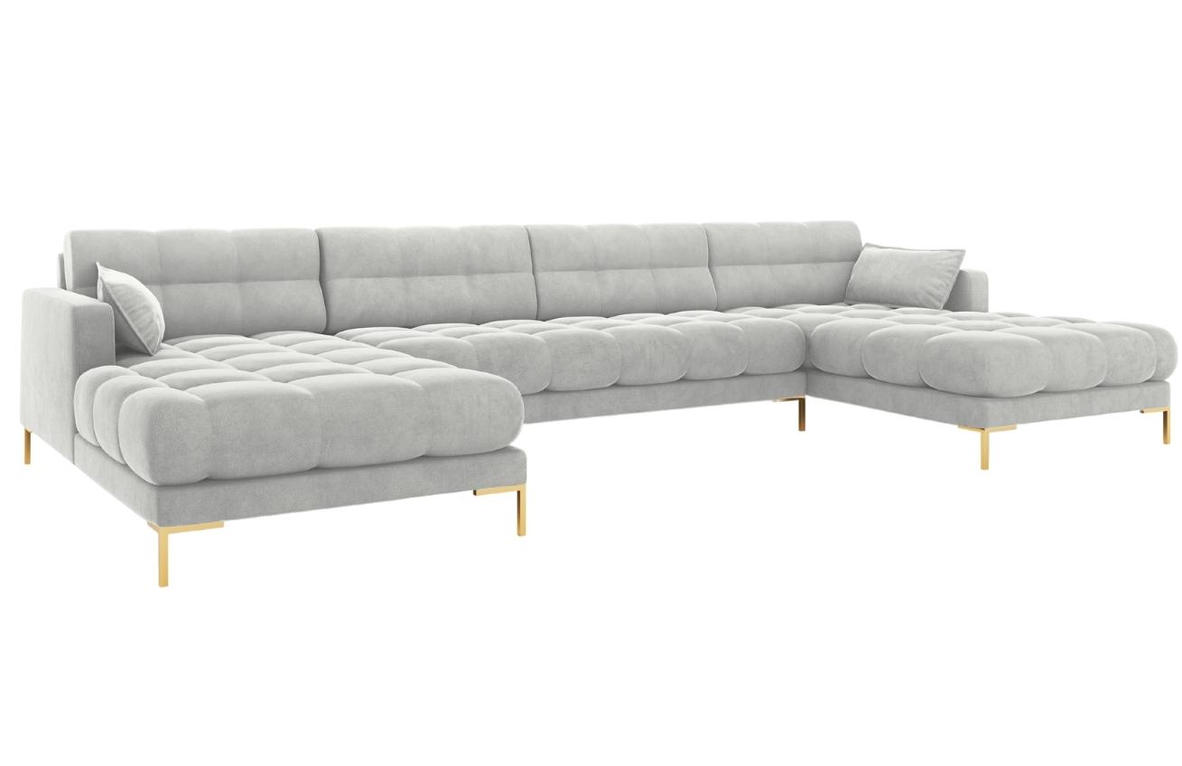 Světle &scaron;ed&aacute; sametov&aacute; &scaron;estim&iacute;stn&aacute; rohov&aacute; pohovka do "U" MICADONI MAMAIA 383 cm se zlatou podnož&iacute;