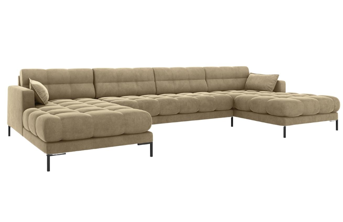 B&eacute;žov&aacute; sametov&aacute; &scaron;estim&iacute;stn&aacute; rohov&aacute; pohovka do "U" MICADONI MAMAIA 383 cm s černou podnož&iacute;