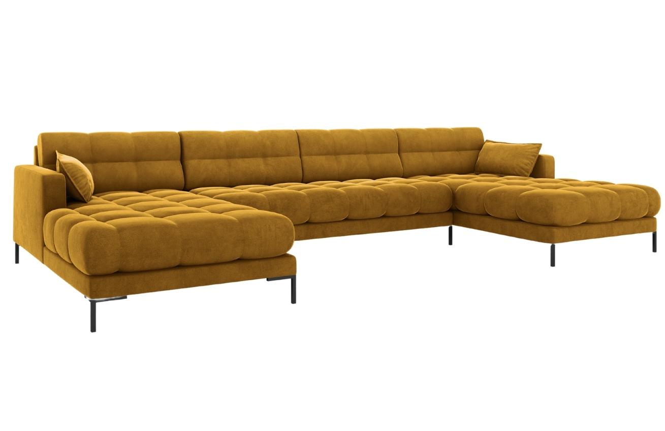 Žlut&aacute; sametov&aacute; &scaron;estim&iacute;stn&aacute; rohov&aacute; pohovka do "U" MICADONI MAMAIA 383 cm s černou podnož&iacute;