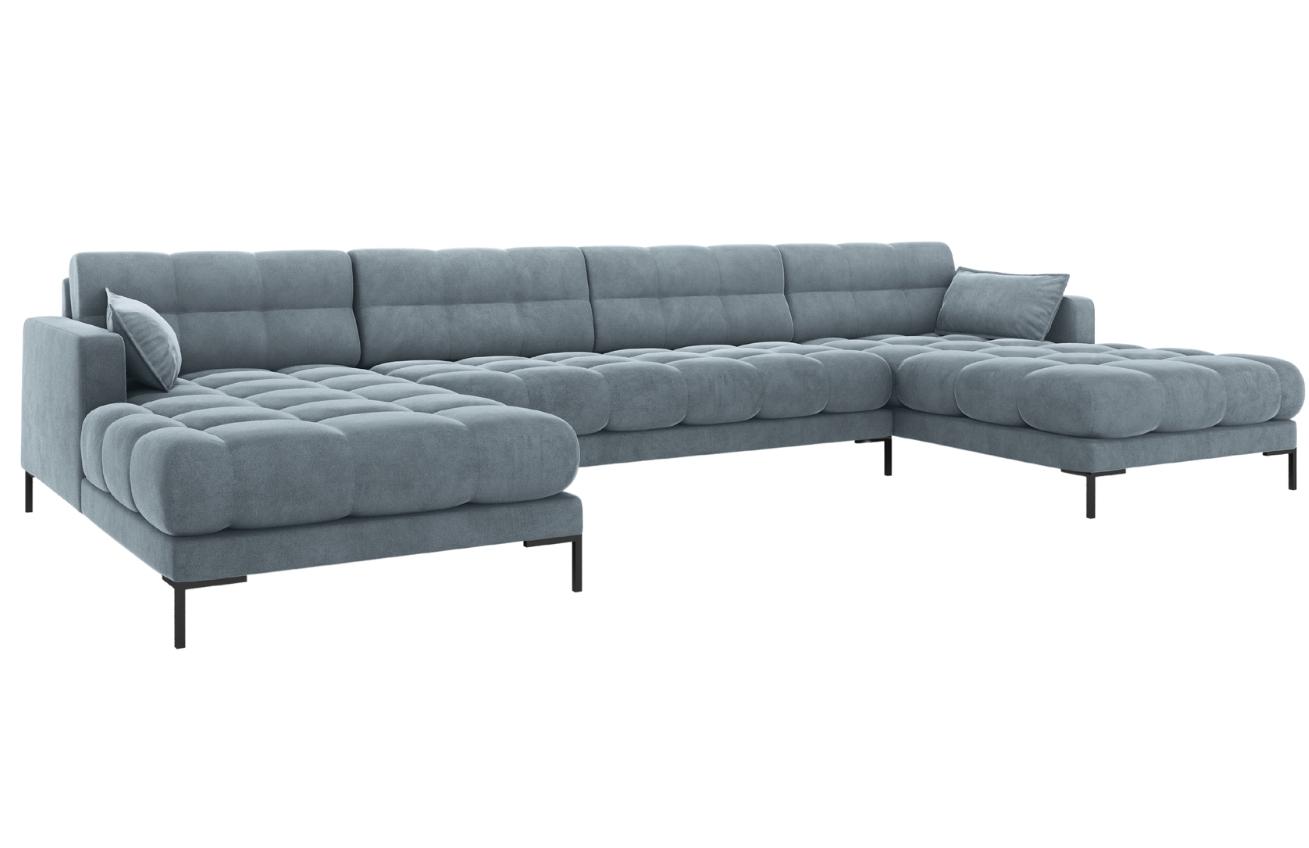 Světle modr&aacute; sametov&aacute; &scaron;estim&iacute;stn&aacute; rohov&aacute; pohovka do "U" MICADONI MAMAIA 383 cm s černou podnož&iacute;