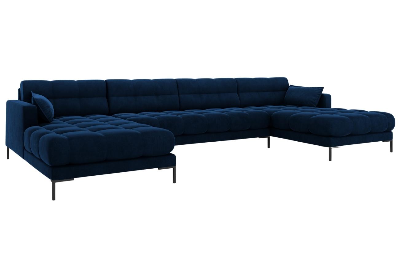 Kr&aacute;lovsky modr&aacute; sametov&aacute; &scaron;estim&iacute;stn&aacute; rohov&aacute; pohovka do "U" MICADONI MAMAIA 383 cm s černou podnož&iacute;