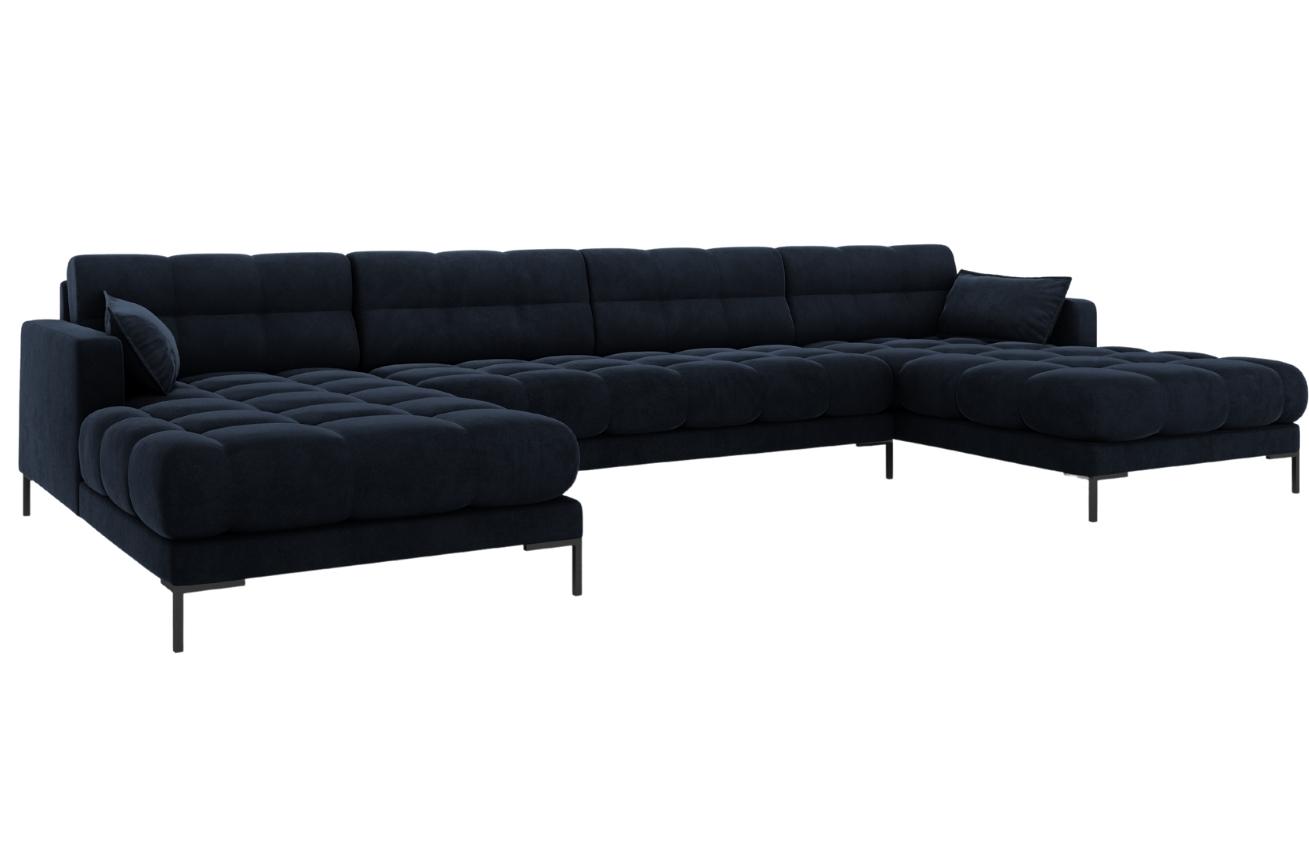 Tmavě modr&aacute; sametov&aacute; &scaron;estim&iacute;stn&aacute; rohov&aacute; pohovka do "U" MICADONI MAMAIA 383 cm s černou podnož&iacute;
