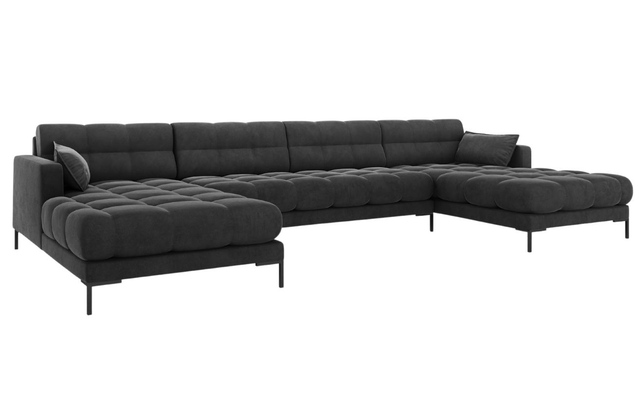 Tmavě &scaron;ed&aacute; sametov&aacute; &scaron;estim&iacute;stn&aacute; rohov&aacute; pohovka do "U" MICADONI MAMAIA 383 cm s černou podnož&iacute;