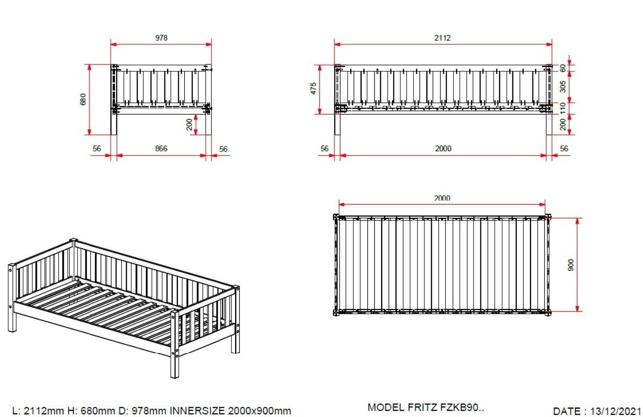 Bílá borovicová postel Vipack Fritz 90 x 200 cm