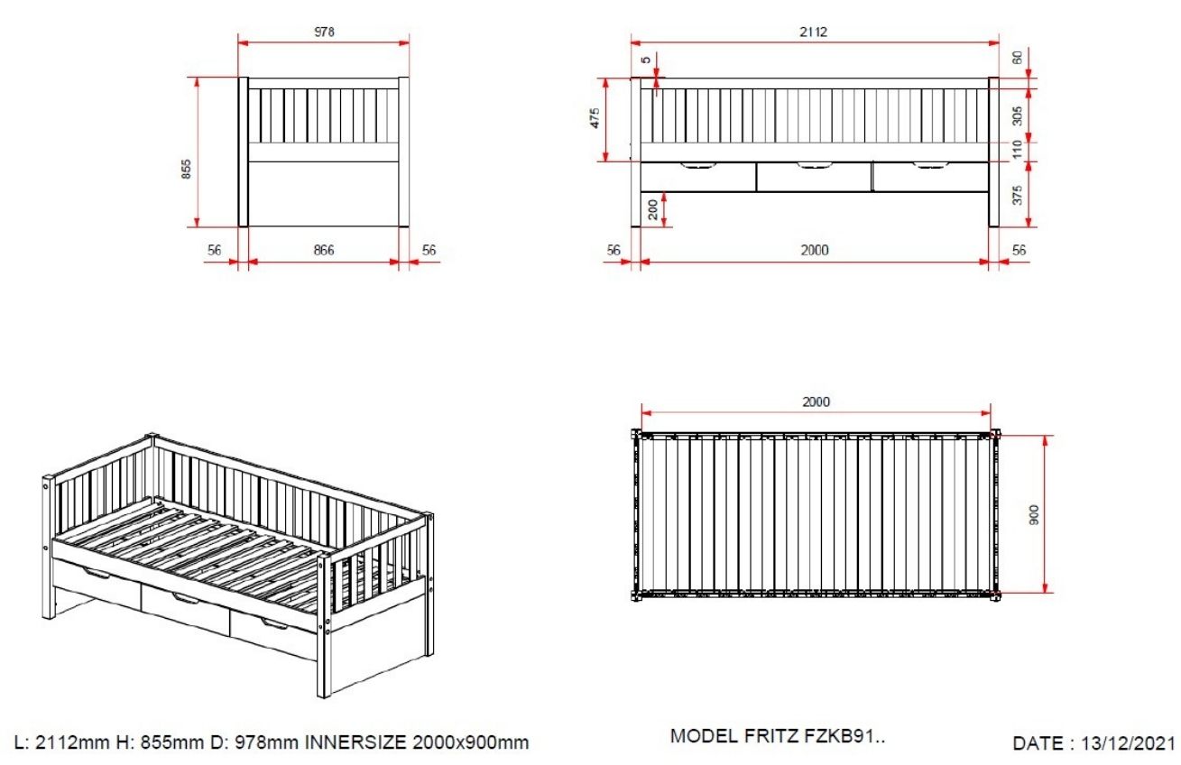 Borovicová postel Vipack Fritz 90 x 200 cm se zásuvkami