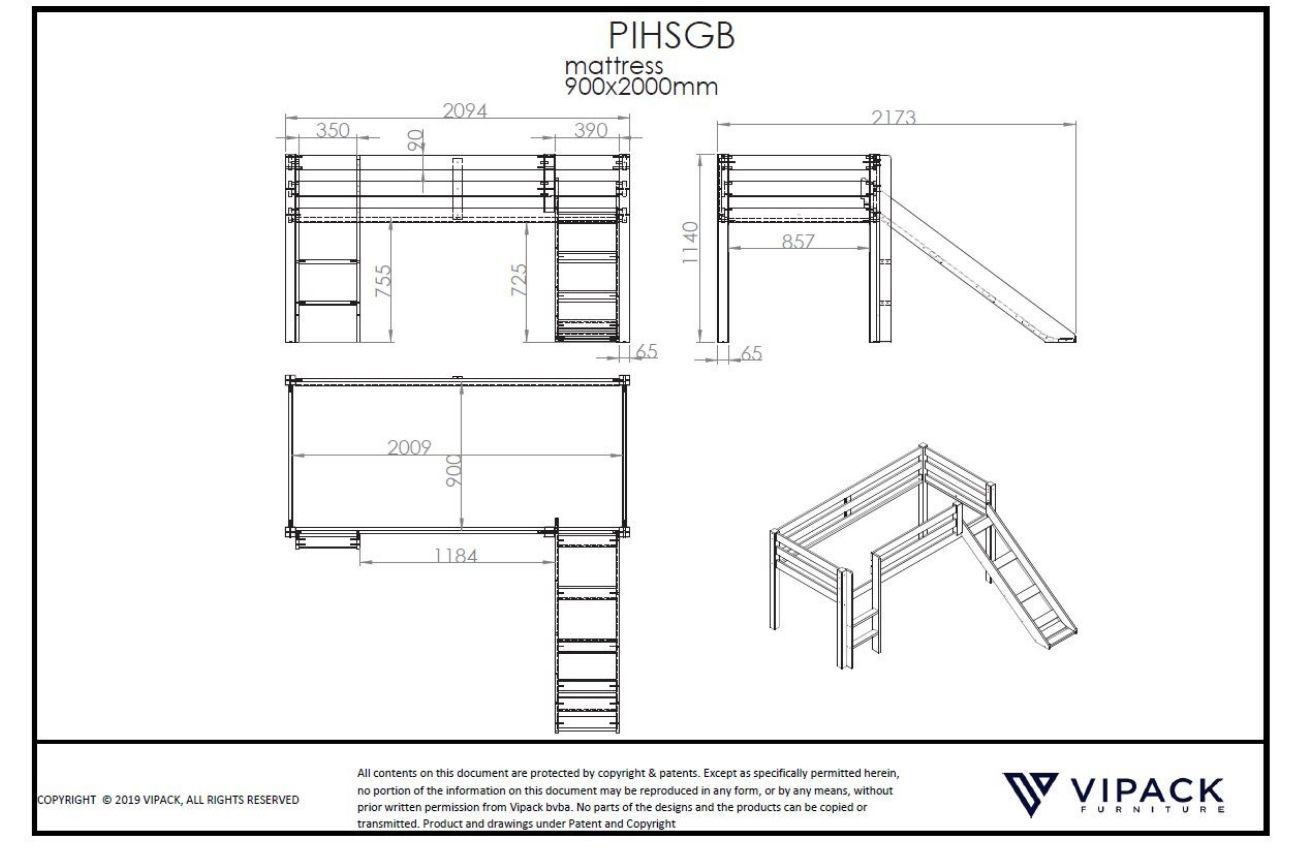 Bílá borovicová patrová postel Vipack Pino II. 90 x 200 cm se skluzavkou