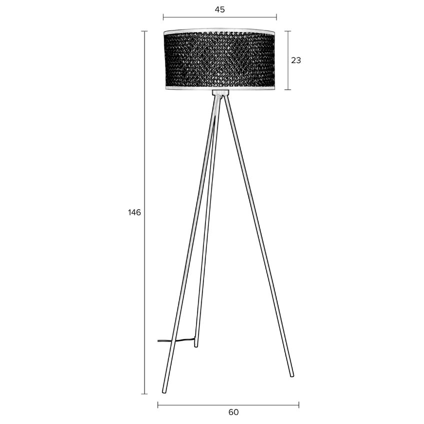 White Label Černá kovová stojací lampa WLL Isla 146 cm s bambusovým stínidlem