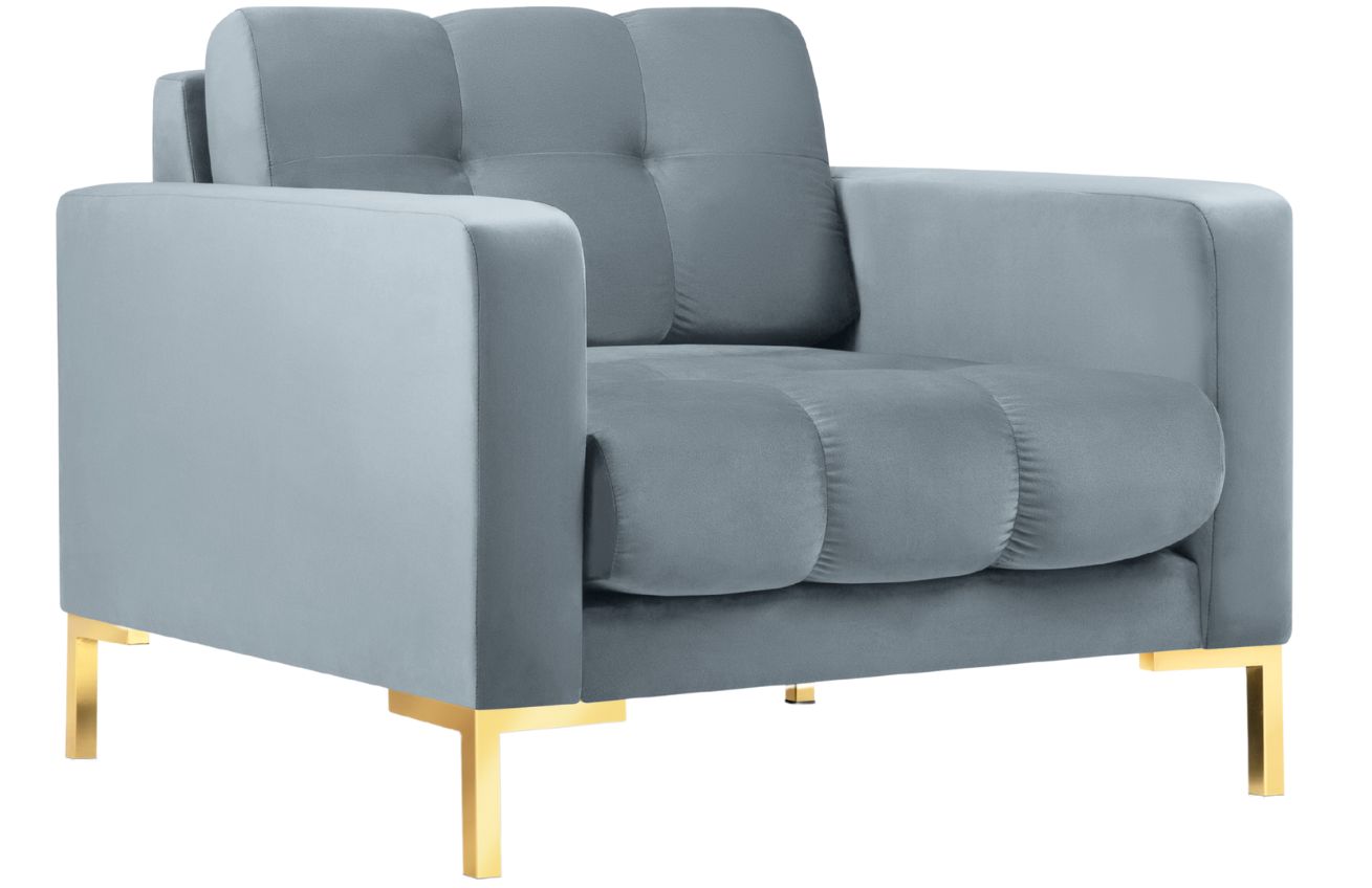 Modr&eacute; sametov&eacute; křeslo MICADONI Mamaia se zlatou podnož&iacute;