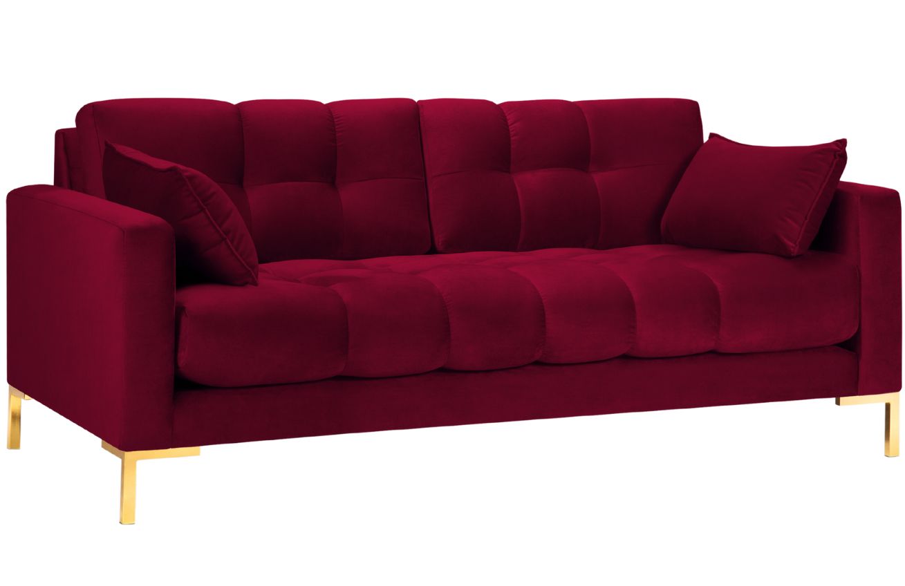 V&iacute;nově červen&aacute; sametov&aacute; tř&iacute;m&iacute;stn&aacute; pohovka MICADONI Mamaia 177 cm se zlatou podnož&iacute;