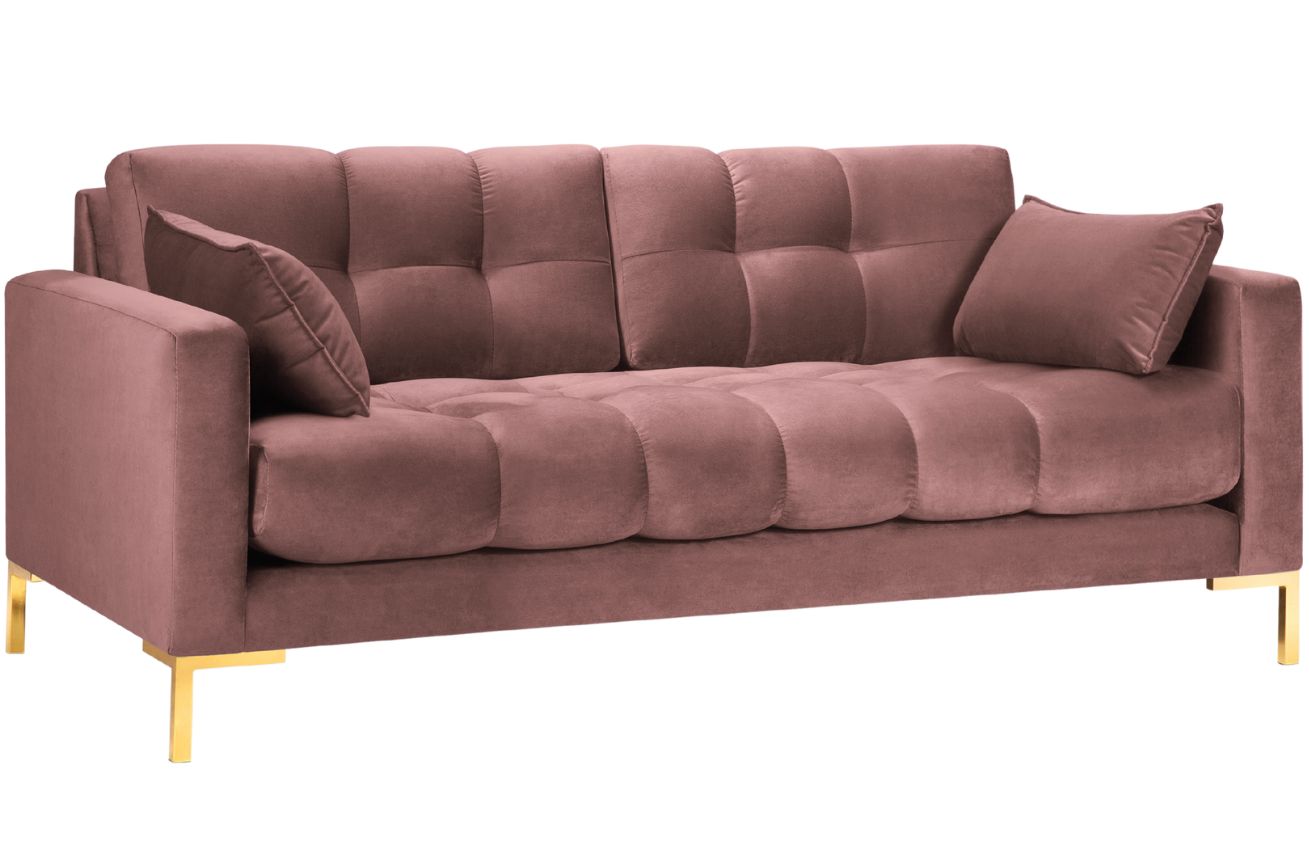 Růžov&aacute; sametov&aacute; tř&iacute;m&iacute;stn&aacute; pohovka MICADONI Mamaia 177 cm se zlatou podnož&iacute;