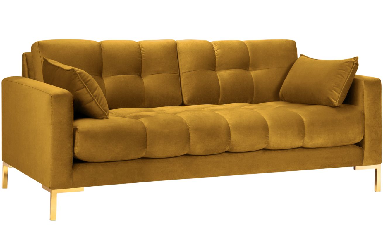 Žlut&aacute; sametov&aacute; tř&iacute;m&iacute;stn&aacute; pohovka MICADONI Mamaia 177 cm se zlatou podnož&iacute;