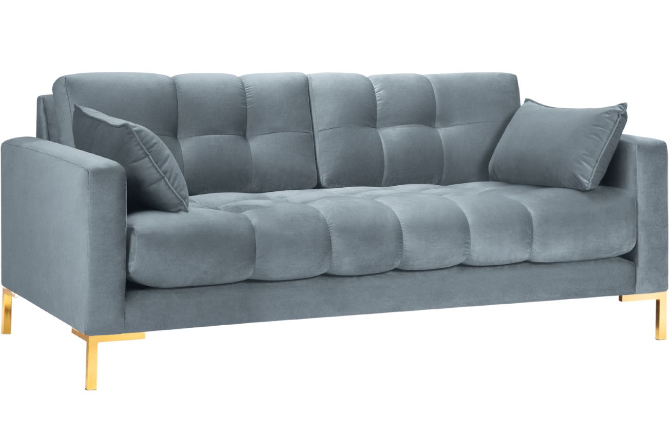 Světle modr&aacute; sametov&aacute; tř&iacute;m&iacute;stn&aacute; pohovka MICADONI Mamaia 177 cm se zlatou podnož&iacute;