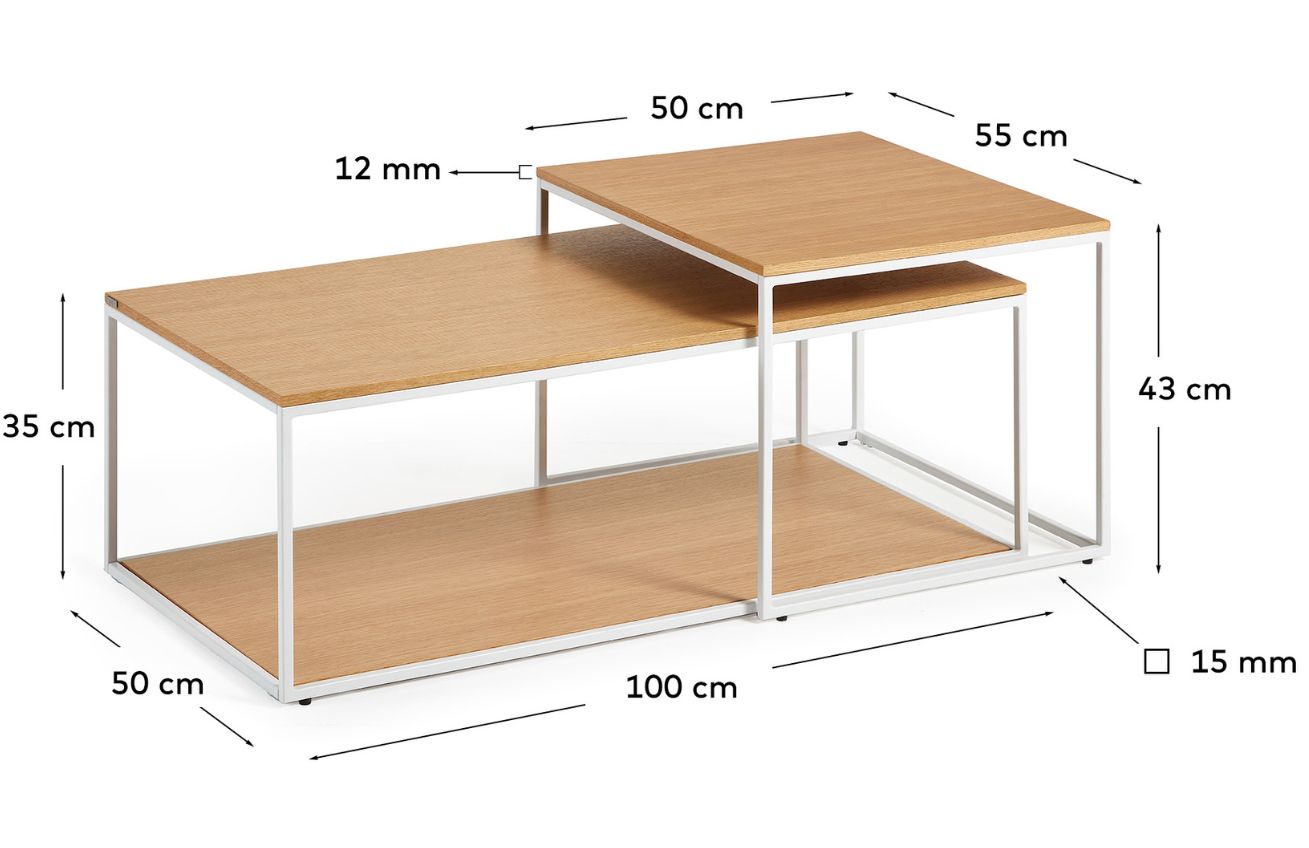 Set dvou dubových konferenčních stolků Kave Home Yoana 100x50/ 50x55 cm s bílou podnoží