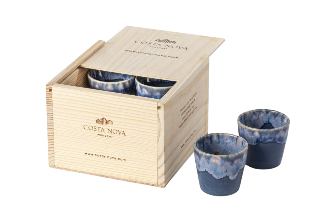 Dřevěný box s 8 modrými šálky na espresso COSTA NOVA GRESPRESSO 0,1 l